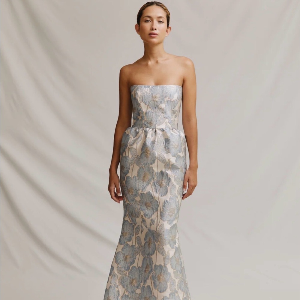 Strapless Floral Jacquard Gown in Blue and Cream